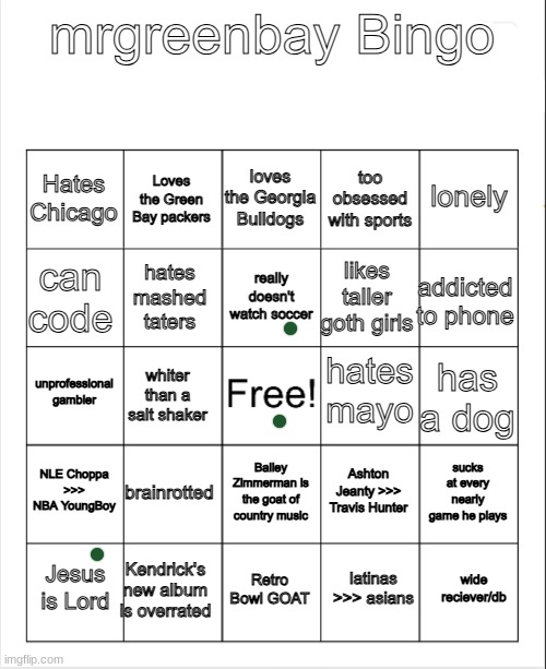 mrgreenbay bingo board | image tagged in mrgreenbay bingo board | made w/ Imgflip meme maker