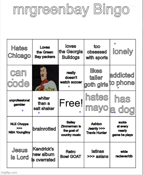 mrgreenbay bingo board | image tagged in mrgreenbay bingo board | made w/ Imgflip meme maker