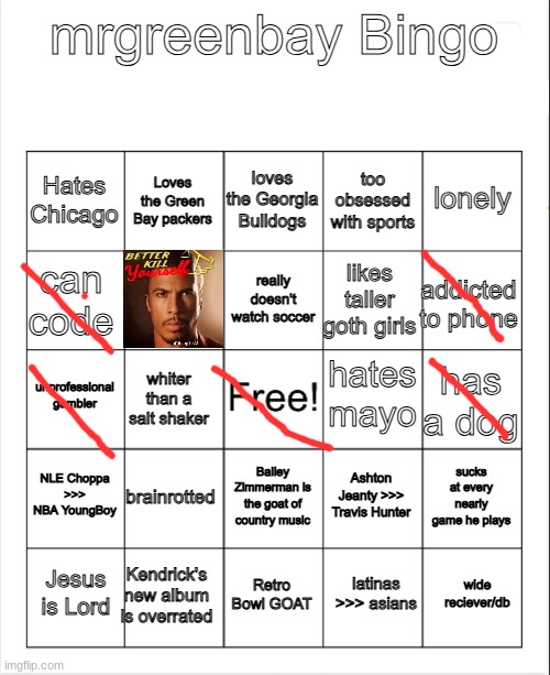 mrgreenbay bingo board | image tagged in mrgreenbay bingo board | made w/ Imgflip meme maker