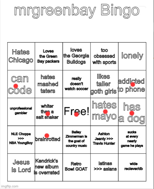 mrgreenbay bingo board | image tagged in mrgreenbay bingo board | made w/ Imgflip meme maker