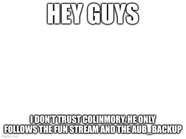 I don’t trust him. I say we ban him | HEY GUYS; I DON’T TRUST COLINMORY, HE ONLY FOLLOWS THE FUN STREAM AND THE AUB_BACKUP | made w/ Imgflip meme maker