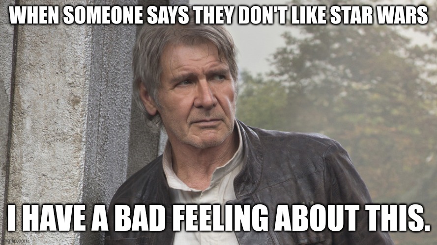 han solo | WHEN SOMEONE SAYS THEY DON'T LIKE STAR WARS; I HAVE A BAD FEELING ABOUT THIS. | image tagged in han solo | made w/ Imgflip meme maker