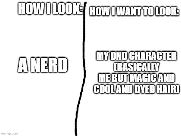 :( | HOW I WANT TO LOOK:; HOW I LOOK:; A NERD; MY DND CHARACTER (BASICALLY ME BUT MAGIC AND COOL AND DYED HAIR) | image tagged in how i look,vs,how i want to look | made w/ Imgflip meme maker