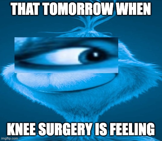 Blue Grinch | THAT TOMORROW WHEN; KNEE SURGERY IS FEELING | image tagged in blue grinch,memes,funny,knee surgery | made w/ Imgflip meme maker