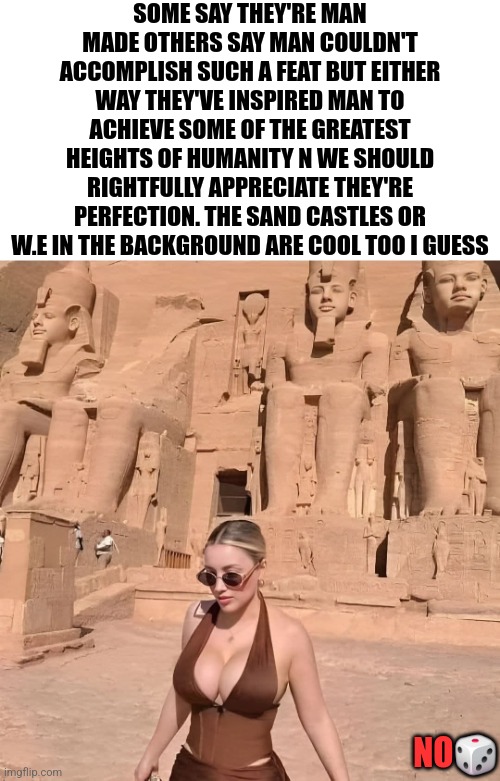 SOME SAY THEY'RE MAN MADE OTHERS SAY MAN COULDN'T ACCOMPLISH SUCH A FEAT BUT EITHER WAY THEY'VE INSPIRED MAN TO ACHIEVE SOME OF THE GREATEST HEIGHTS OF HUMANITY N WE SHOULD RIGHTFULLY APPRECIATE THEY'RE PERFECTION. THE SAND CASTLES OR W.E IN THE BACKGROUND ARE COOL TOO I GUESS; NO🎲 | image tagged in funny | made w/ Imgflip meme maker