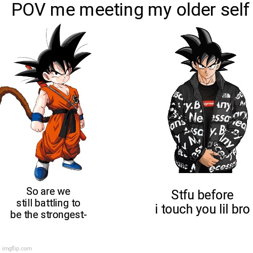 Advice for my older self | POV me meeting my older self; So are we still battling to be the strongest-; Stfu before i touch you lil bro | made w/ Imgflip meme maker