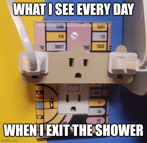 Judging power plugs | WHAT I SEE EVERY DAY; WHEN I EXIT THE SHOWER | image tagged in two bathroom plugs | made w/ Imgflip meme maker