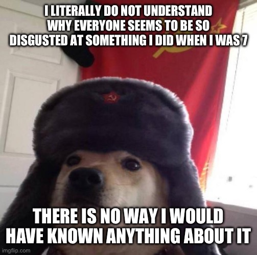 Russian Doge | I LITERALLY DO NOT UNDERSTAND WHY EVERYONE SEEMS TO BE SO DISGUSTED AT SOMETHING I DID WHEN I WAS 7; THERE IS NO WAY I WOULD HAVE KNOWN ANYTHING ABOUT IT | image tagged in russian doge | made w/ Imgflip meme maker