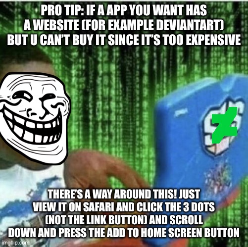 How to download apps without spending money | PRO TIP: IF A APP YOU WANT HAS A WEBSITE (FOR EXAMPLE DEVIANTART) BUT U CAN’T BUY IT SINCE IT’S TOO EXPENSIVE; THERE’S A WAY AROUND THIS! JUST VIEW IT ON SAFARI AND CLICK THE 3 DOTS (NOT THE LINK BUTTON) AND SCROLL DOWN AND PRESS THE ADD TO HOME SCREEN BUTTON | image tagged in ryan beckford,apps | made w/ Imgflip meme maker