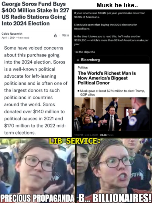 Musk be like.. LIB SERVICE: | image tagged in triggered liberal,american politics,billionaire,george soros,elon musk | made w/ Imgflip meme maker