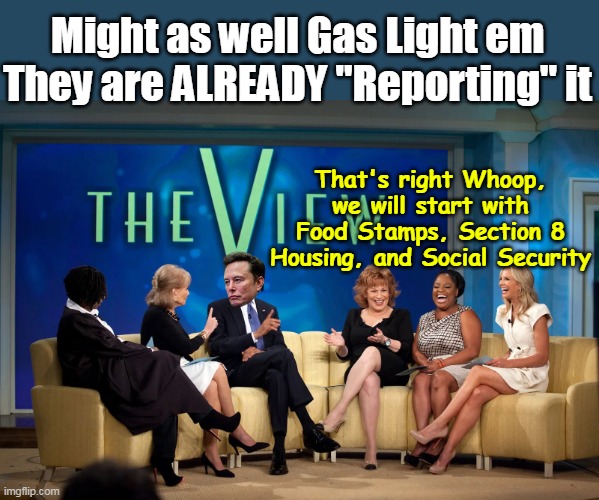 EVERYTHING can be laid on Musk and Swamy now | Might as well Gas Light em
They are ALREADY "Reporting" it; That's right Whoop, we will start with Food Stamps, Section 8 Housing, and Social Security | image tagged in musk the view gas light food stamps meme | made w/ Imgflip meme maker