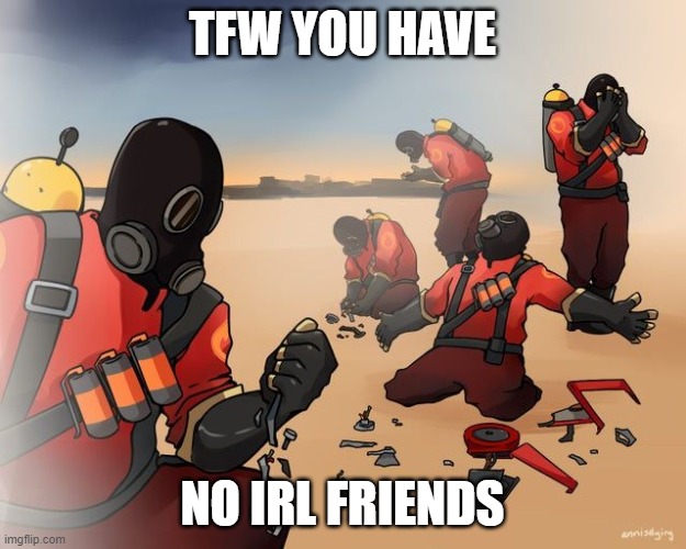 pyro despair | TFW YOU HAVE; NO IRL FRIENDS | image tagged in pyro despair | made w/ Imgflip meme maker