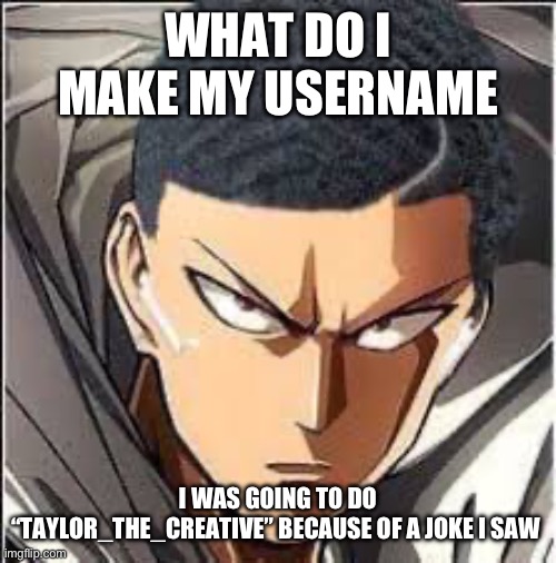 Saitama haircut | WHAT DO I MAKE MY USERNAME; I WAS GOING TO DO “TAYLOR_THE_CREATIVE” BECAUSE OF A JOKE I SAW | image tagged in saitama haircut | made w/ Imgflip meme maker