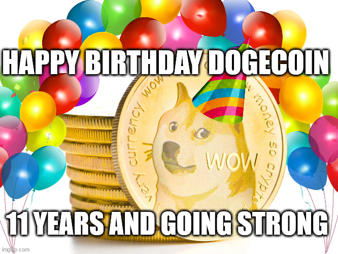 HAPPY BIRTHDAY DOGECOIN | HAPPY BIRTHDAY DOGECOIN; 11 YEARS AND GOING STRONG | image tagged in doge,crypto,elon musk,shib,shiba inu | made w/ Imgflip meme maker