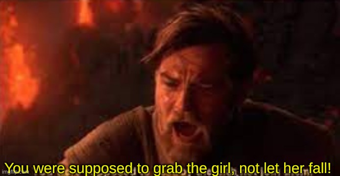 you were supposed to destroy the sith! | You were supposed to grab the girl, not let her fall! | image tagged in you were supposed to destroy the sith | made w/ Imgflip meme maker