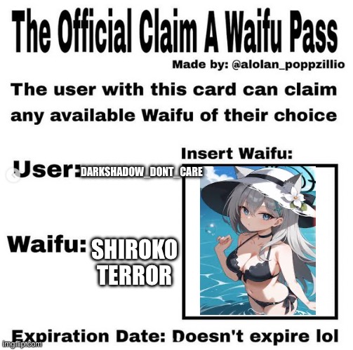 Yes | DARKSHADOW_DONT_CARE; SHIROKO TERROR | image tagged in official claim a waifu pass,yes | made w/ Imgflip meme maker