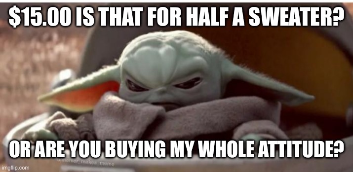 Half a sweater | $15.00 IS THAT FOR HALF A SWEATER? OR ARE YOU BUYING MY WHOLE ATTITUDE? | image tagged in angry baby yoda | made w/ Imgflip meme maker