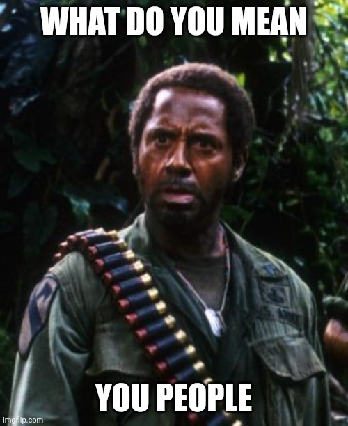 Tropic Thunder You People | WHAT DO YOU MEAN; YOU PEOPLE | image tagged in tropic thunder you people | made w/ Imgflip meme maker