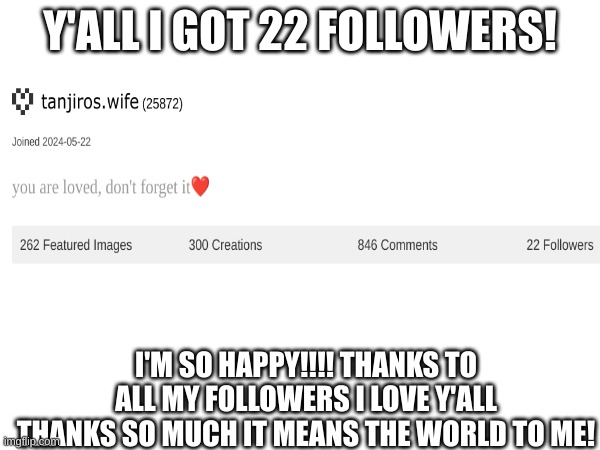 Y'ALL I GOT 22 FOLLOWERS! I'M SO HAPPY!!!! THANKS TO ALL MY FOLLOWERS I LOVE Y'ALL THANKS SO MUCH IT MEANS THE WORLD TO ME! | image tagged in thank you,i love you | made w/ Imgflip meme maker