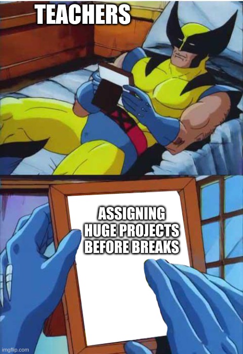 why honestly why? | TEACHERS; ASSIGNING HUGE PROJECTS BEFORE BREAKS | image tagged in wolverine remember,teachers,school | made w/ Imgflip meme maker