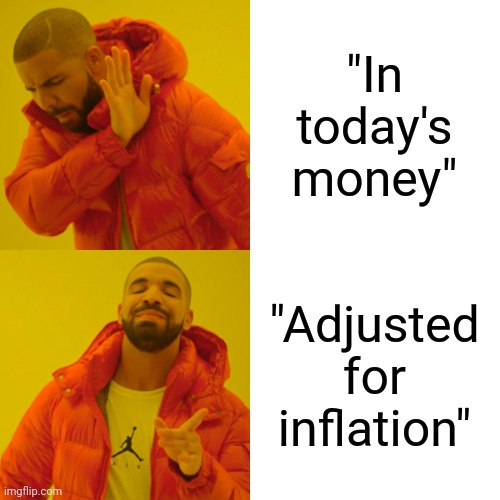 Drake Hotline Bling Meme | "In today's money"; "Adjusted for inflation" | image tagged in memes,drake hotline bling | made w/ Imgflip meme maker