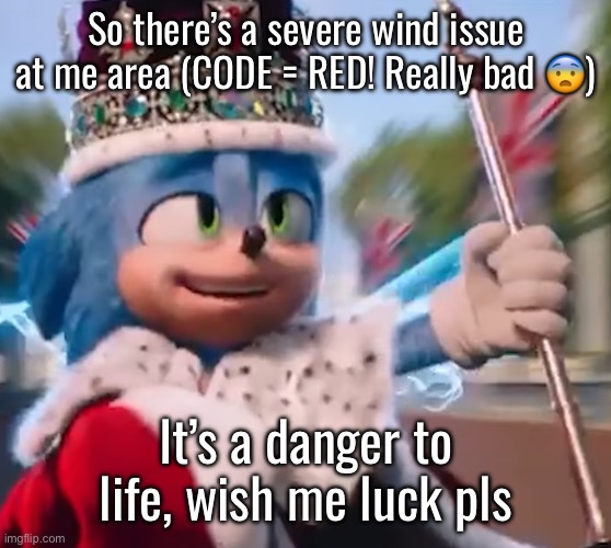 King Sonic I | So there’s a severe wind issue at me area (CODE = RED! Really bad 😨); It’s a danger to life, wish me luck pls | image tagged in king sonic i | made w/ Imgflip meme maker