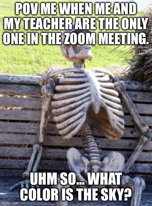 #i know that your eating pizza right now | POV ME WHEN ME AND MY TEACHER ARE THE ONLY ONE IN THE ZOOM MEETING. UHM SO… WHAT COLOR IS THE SKY? | image tagged in memes,waiting skeleton | made w/ Imgflip meme maker