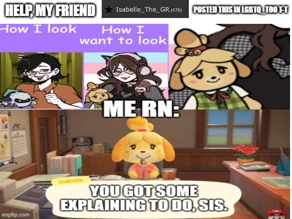 *concern intensifies* | POSTED THIS IN LGBTQ_TOO T-T; HELP, MY FRIEND | image tagged in isabelle animal crossing announcement,why,haha,not funny,not funny didn't laugh | made w/ Imgflip meme maker