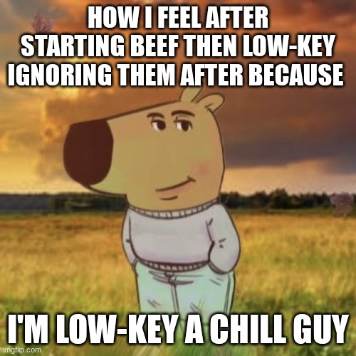 Chill guy | HOW I FEEL AFTER STARTING BEEF THEN LOW-KEY IGNORING THEM AFTER BECAUSE; I'M LOW-KEY A CHILL GUY | image tagged in chill guy | made w/ Imgflip meme maker