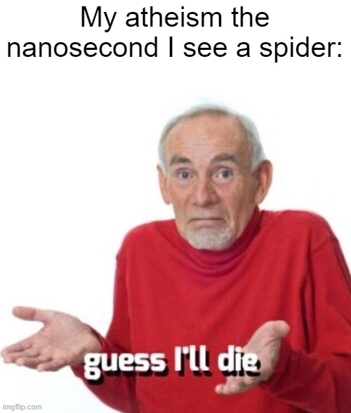 im terrified of spiders we got rat sized house spiders coming back here in the uk | My atheism the nanosecond I see a spider: | image tagged in guess ill die | made w/ Imgflip meme maker