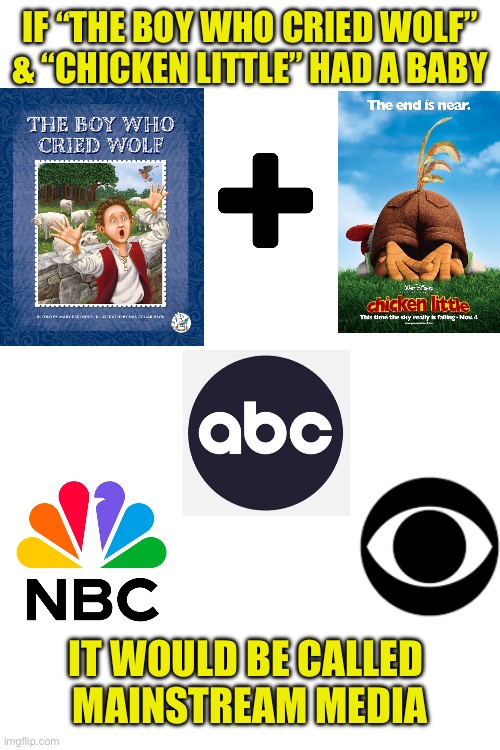 Birth of Mainstream Media | IF “THE BOY WHO CRIED WOLF” & “CHICKEN LITTLE” HAD A BABY; IT WOULD BE CALLED 
MAINSTREAM MEDIA | image tagged in boy who cried wolf,chicken little,baby,mainstream media,crybabies | made w/ Imgflip meme maker