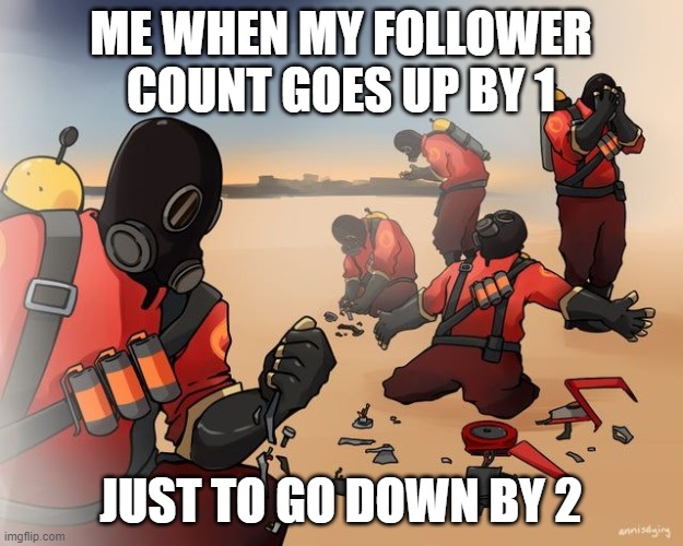 pyro despair | ME WHEN MY FOLLOWER COUNT GOES UP BY 1; JUST TO GO DOWN BY 2 | image tagged in pyro despair | made w/ Imgflip meme maker