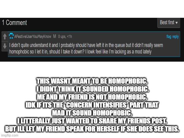 this isnt gonna get accepted (it got accepted) | THIS WASNT MEANT TO BE HOMOPHOBIC.
 I DIDNT THINK IT SOUNDED HOMOPHOBIC.
ME AND MY FRIEND IS NOT HOMOPHOBIC.
IDK IF ITS THE *CONCERN INTENSIFIES* PART THAT MAD IT SOUND HOMOPHOBIC.
I LITTERALLY JUST WANTED TO SHARE MY FRIENDS POST.
BUT ILL LET MY FRIEND SPEAK FOR HERSELF IF SHE DOES SEE THIS. | image tagged in shit,brace yourself,not stonks | made w/ Imgflip meme maker