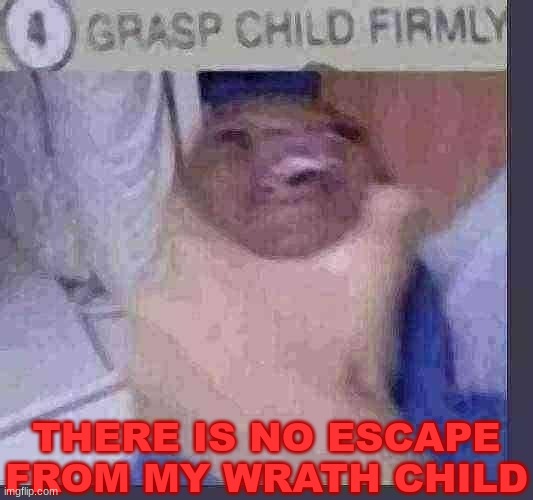 Grasp child firmly | THERE IS NO ESCAPE
FROM MY WRATH CHILD | image tagged in grasp child firmly | made w/ Imgflip meme maker