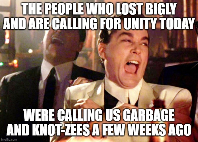 Libs always demand fair treatment when they're in the minority but become utter tyrants when they're in power | THE PEOPLE WHO LOST BIGLY AND ARE CALLING FOR UNITY TODAY; WERE CALLING US GARBAGE AND KNOT-ZEES A FEW WEEKS AGO | image tagged in memes,good fellas hilarious,looney left,crying democrats,stupid liberals | made w/ Imgflip meme maker