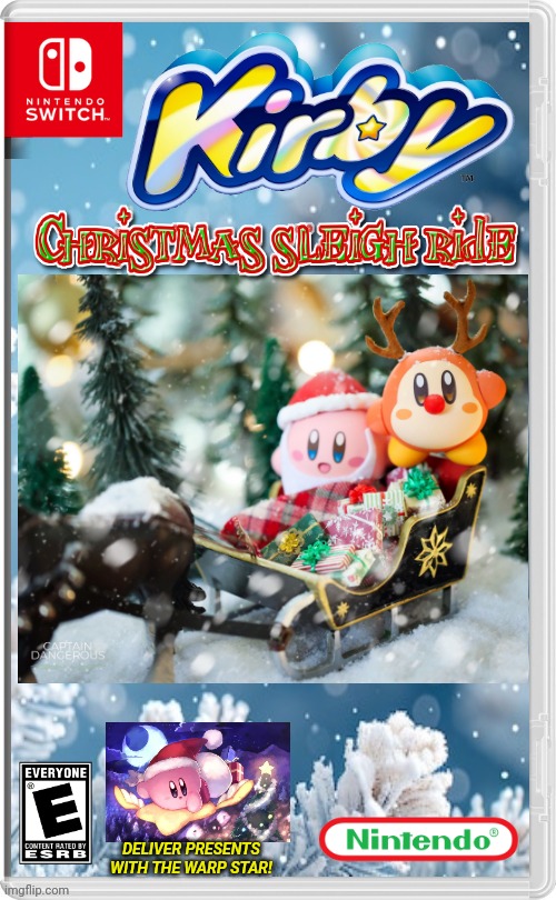 KIRBY'S SLEIGH RIDE | DELIVER PRESENTS WITH THE WARP STAR! | image tagged in nintendo switch,kirby,christmas,santa claus,fake switch games | made w/ Imgflip meme maker