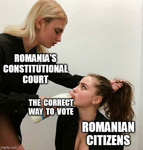 Romanian Correct Way to Vote | ROMANIA'S
CONSTITUTIONAL
COURT; THE  CORRECT
WAY  TO  VOTE; ROMANIAN
CITIZENS | image tagged in milk girls | made w/ Imgflip meme maker