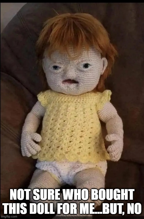 Scary Doll | NOT SURE WHO BOUGHT THIS DOLL FOR ME...BUT, NO | image tagged in cursed image | made w/ Imgflip meme maker