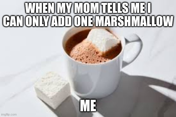 me at chrismas | WHEN MY MOM TELLS ME I CAN ONLY ADD ONE MARSHMALLOW; ME | image tagged in hot cocao,marshmellow | made w/ Imgflip meme maker