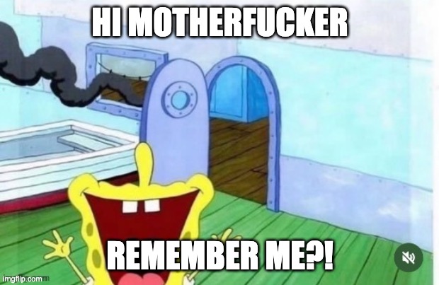 spongebob yelling | HI MOTHERFUCKER REMEMBER ME?! | image tagged in spongebob yelling | made w/ Imgflip meme maker