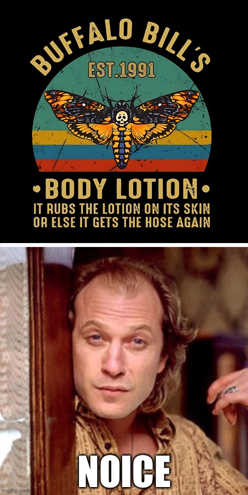 Bill’s shirt looks cool | NOICE | image tagged in buffalo bill silence of the lambs,it puts the lotion on the skin,silence of the lambs | made w/ Imgflip meme maker