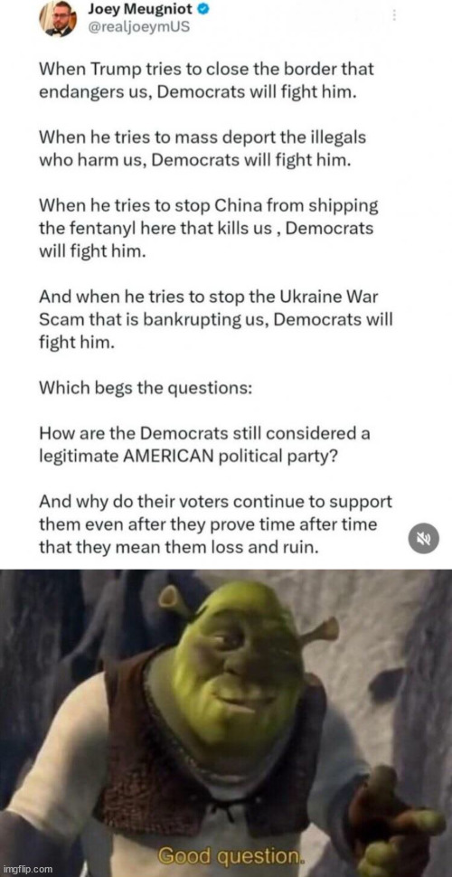 Fighting a Losing Battle | image tagged in shrek good question,memes,politics | made w/ Imgflip meme maker