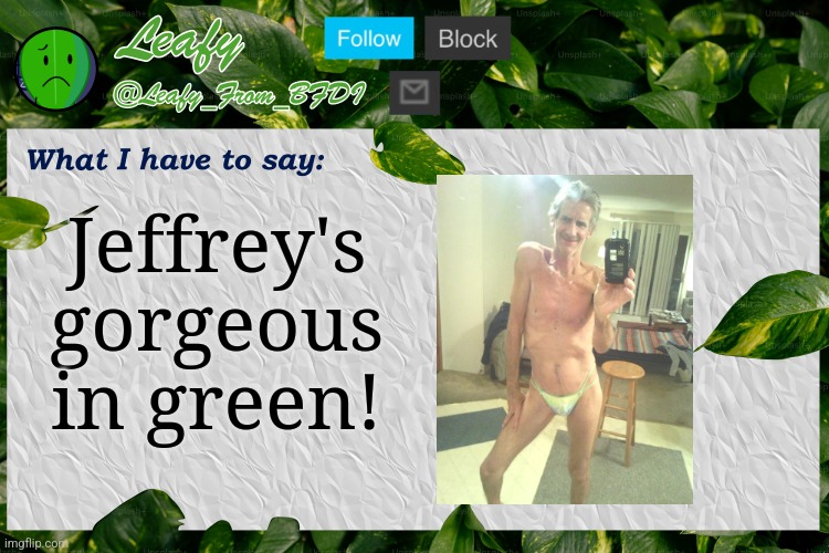 I'm sure you agree... | Jeffrey's gorgeous in green! | image tagged in leafy announcement template | made w/ Imgflip meme maker