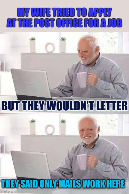 When you can't "Male it in for the job" | MY WIFE TRIED TO APPLY AT THE POST OFFICE FOR A JOB; BUT THEY WOULDN’T LETTER; THEY SAID ONLY MAILS WORK HERE | image tagged in memes,hide the pain harold,job hunting,puns | made w/ Imgflip meme maker