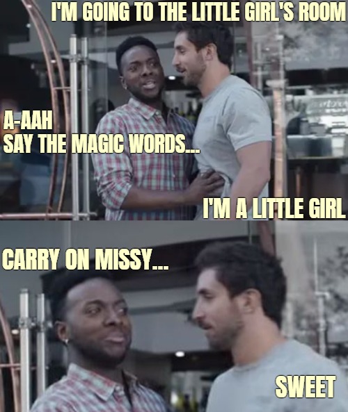 I'M GOING TO THE LITTLE GIRL'S ROOM; A-AAH 
SAY THE MAGIC WORDS... I'M A LITTLE GIRL; CARRY ON MISSY... SWEET | image tagged in gender identity,transgender bathroom,black guy stopping | made w/ Imgflip meme maker