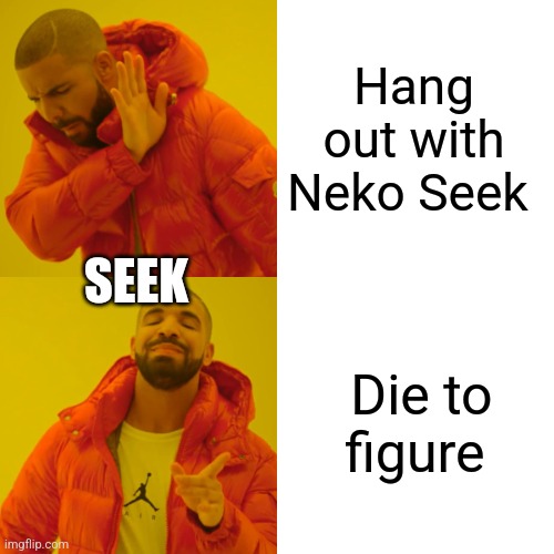 Drake Hotline Bling | Hang out with Neko Seek; SEEK; Die to figure | image tagged in memes,drake hotline bling | made w/ Imgflip meme maker