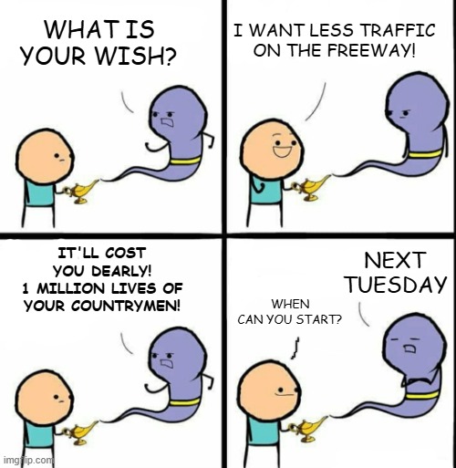 How 2020 actually happened | I WANT LESS TRAFFIC
ON THE FREEWAY! WHAT IS YOUR WISH? IT'LL COST YOU DEARLY!
1 MILLION LIVES OF YOUR COUNTRYMEN! NEXT TUESDAY; WHEN
CAN YOU START? | image tagged in genie,memes,covid-19,traffic,wish,death | made w/ Imgflip meme maker