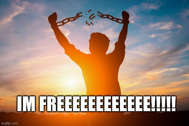 broken shackles | IM FREEEEEEEEEEEE!!!!! | image tagged in broken shackles | made w/ Imgflip meme maker