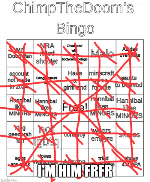 ChimpTheDoom bingo | I'M HIM FRFR | image tagged in chimpthedoom bingo | made w/ Imgflip meme maker