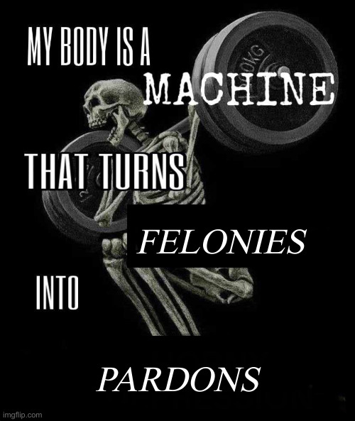 Body is a Machine | FELONIES PARDONS | image tagged in body is a machine | made w/ Imgflip meme maker